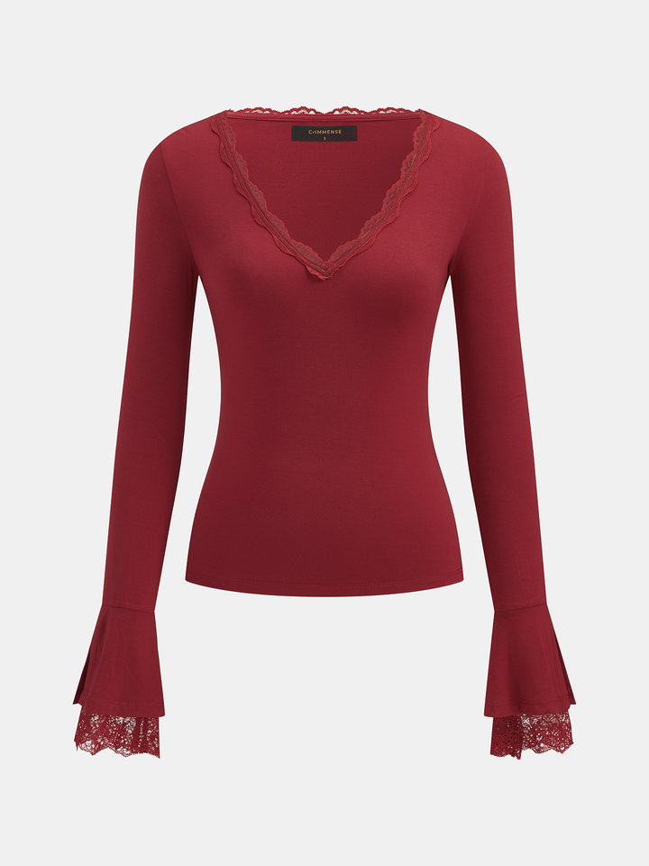 Lace V‑Neck Flare Sleeve Fitted Top