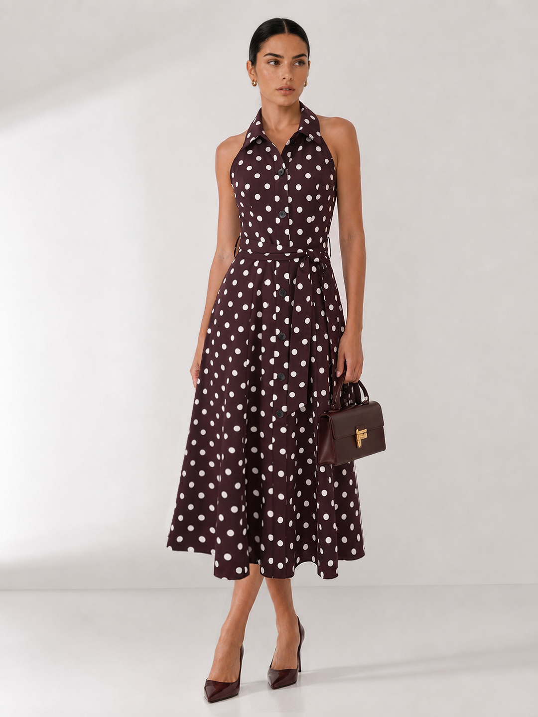 Polka Dot Halter Belted Cotton Linen Midi Dress