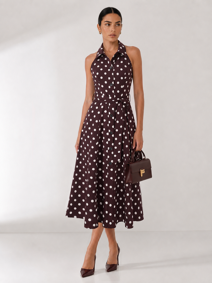 Polka Dot Halter Belted Cotton Linen Midi Dress