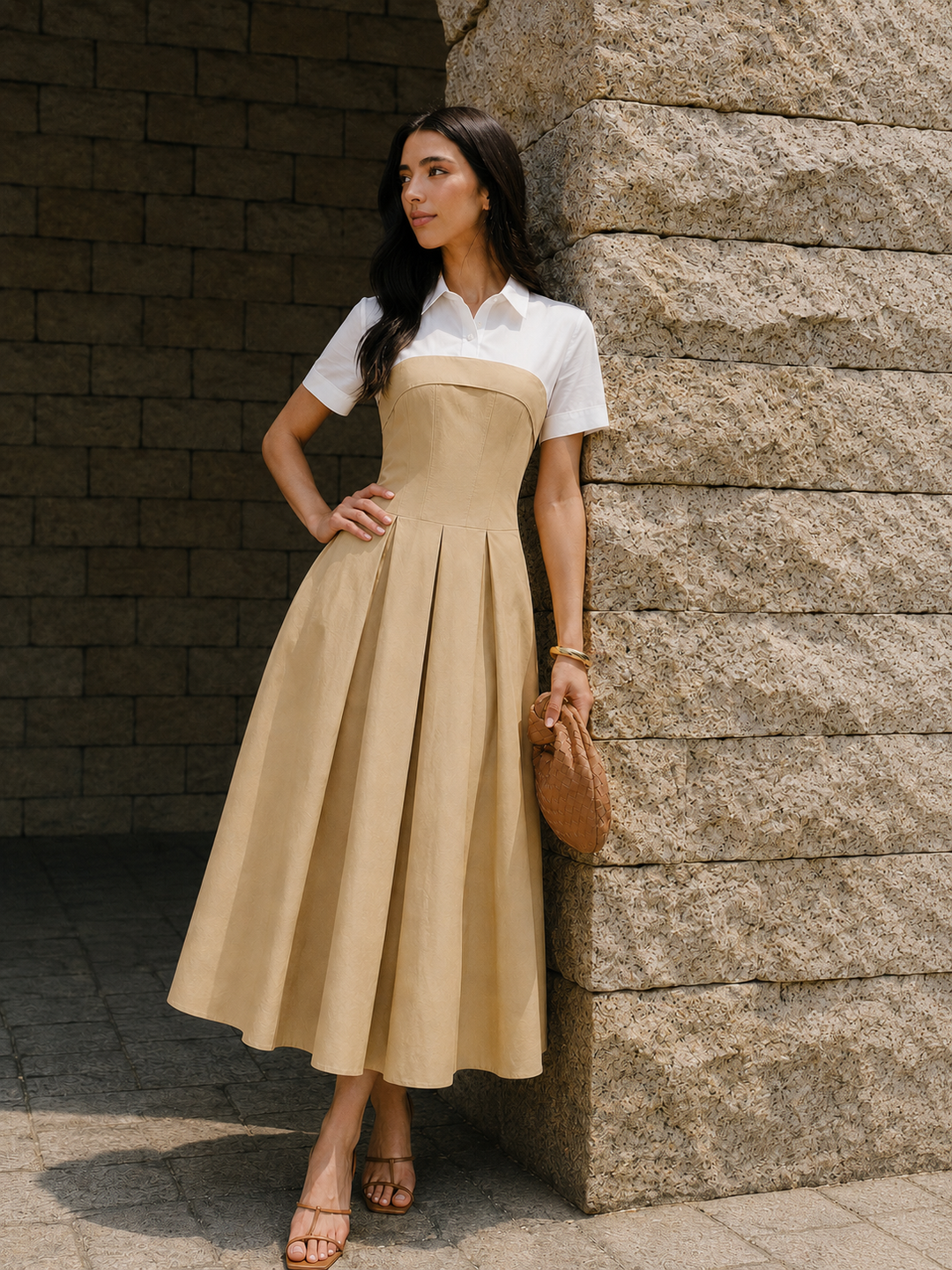 Fake Two Piece Shirt Collar Pleated Maxi Dress