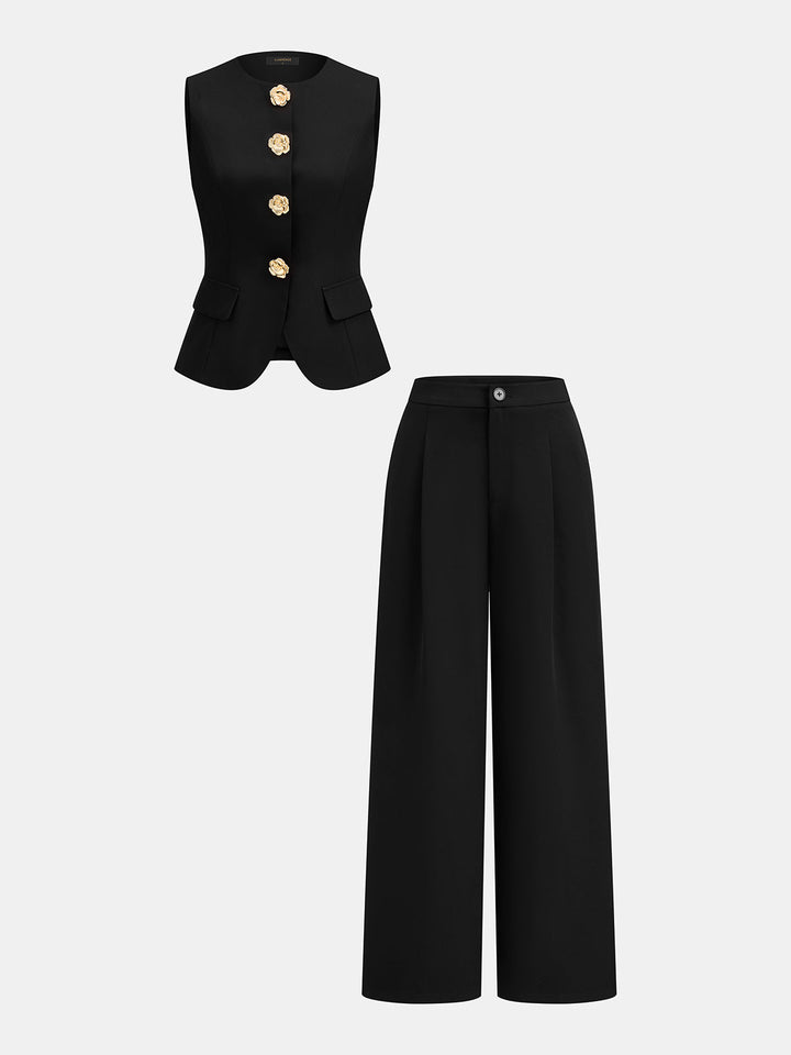 Flower Button Sleeveless Vest & Pants Set