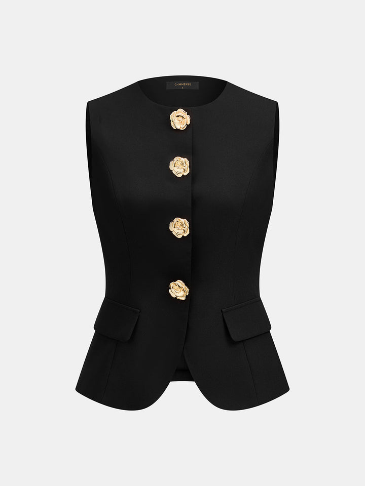 Flower Button Sleeveless Vest & Pants Set