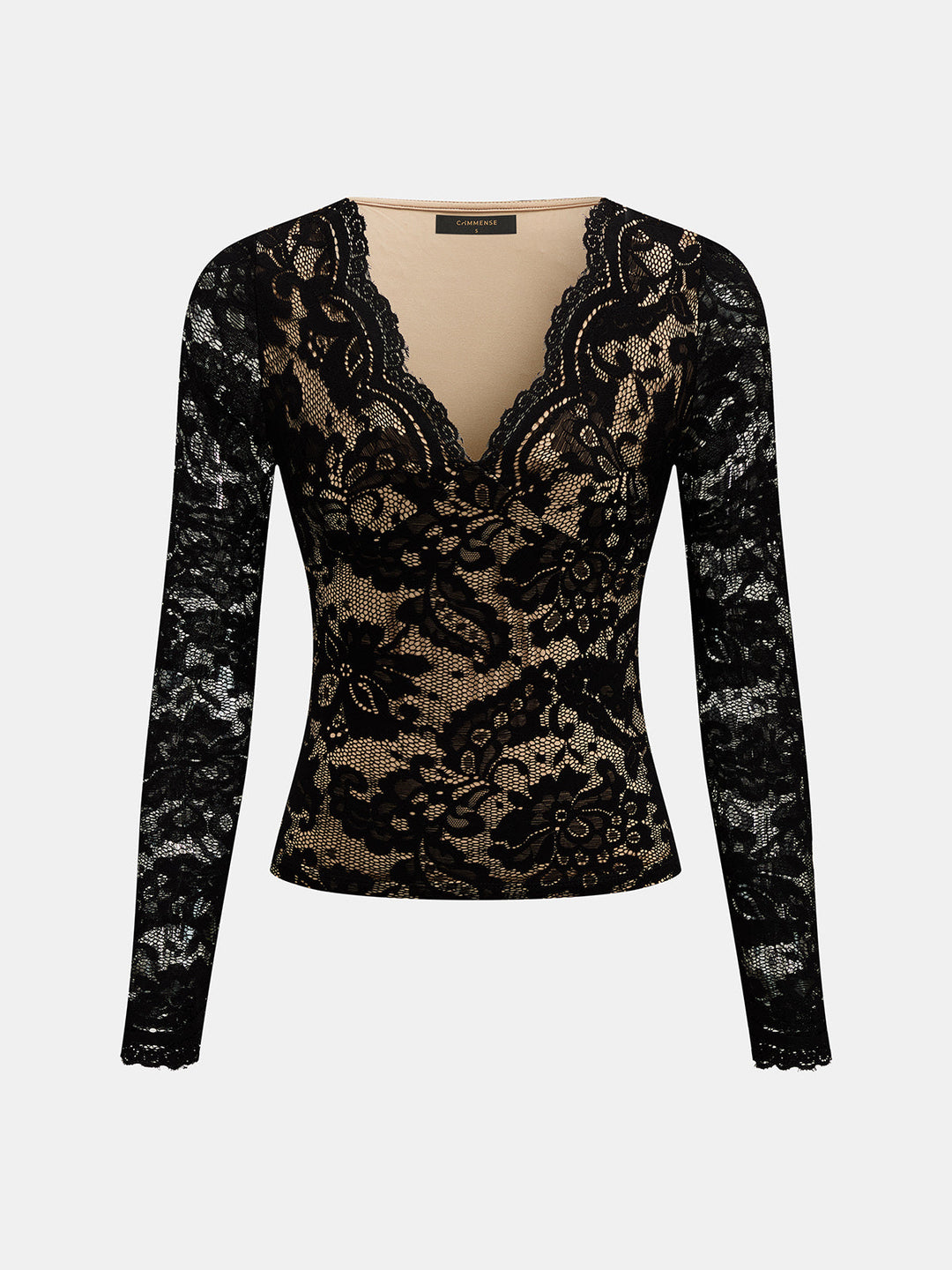 Floral Lace Deep V-Neck Long Sleeve Top