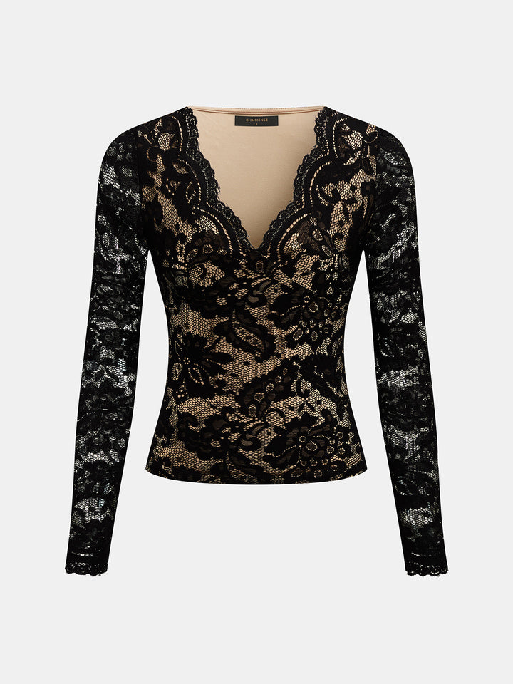 Floral Lace Deep V-Neck Long Sleeve Top