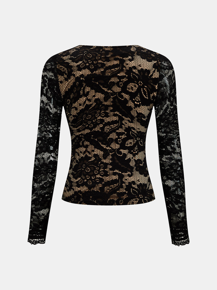 Floral Lace Deep V-Neck Long Sleeve Top