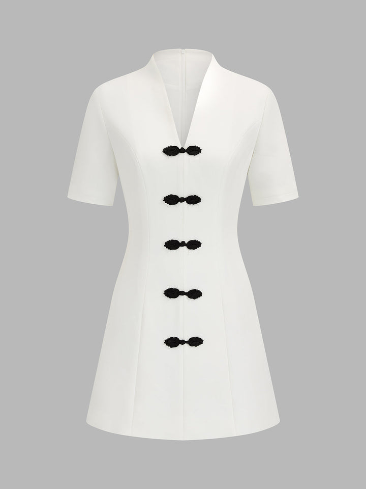 Frog Button V Neck Mini Dress