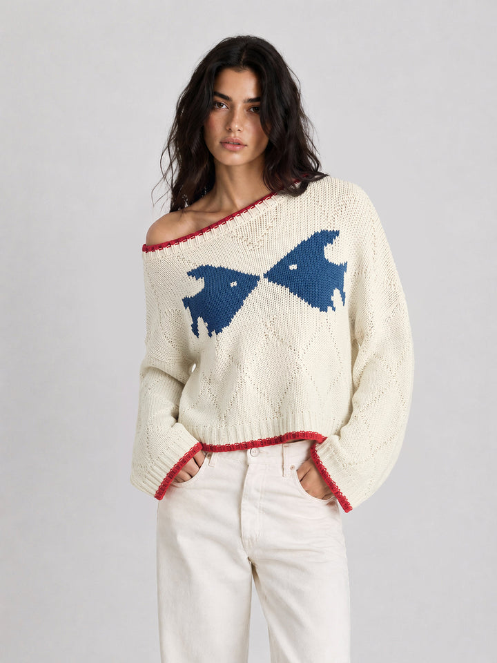 Contrast Edge Fish Intarsia Loose Sweater