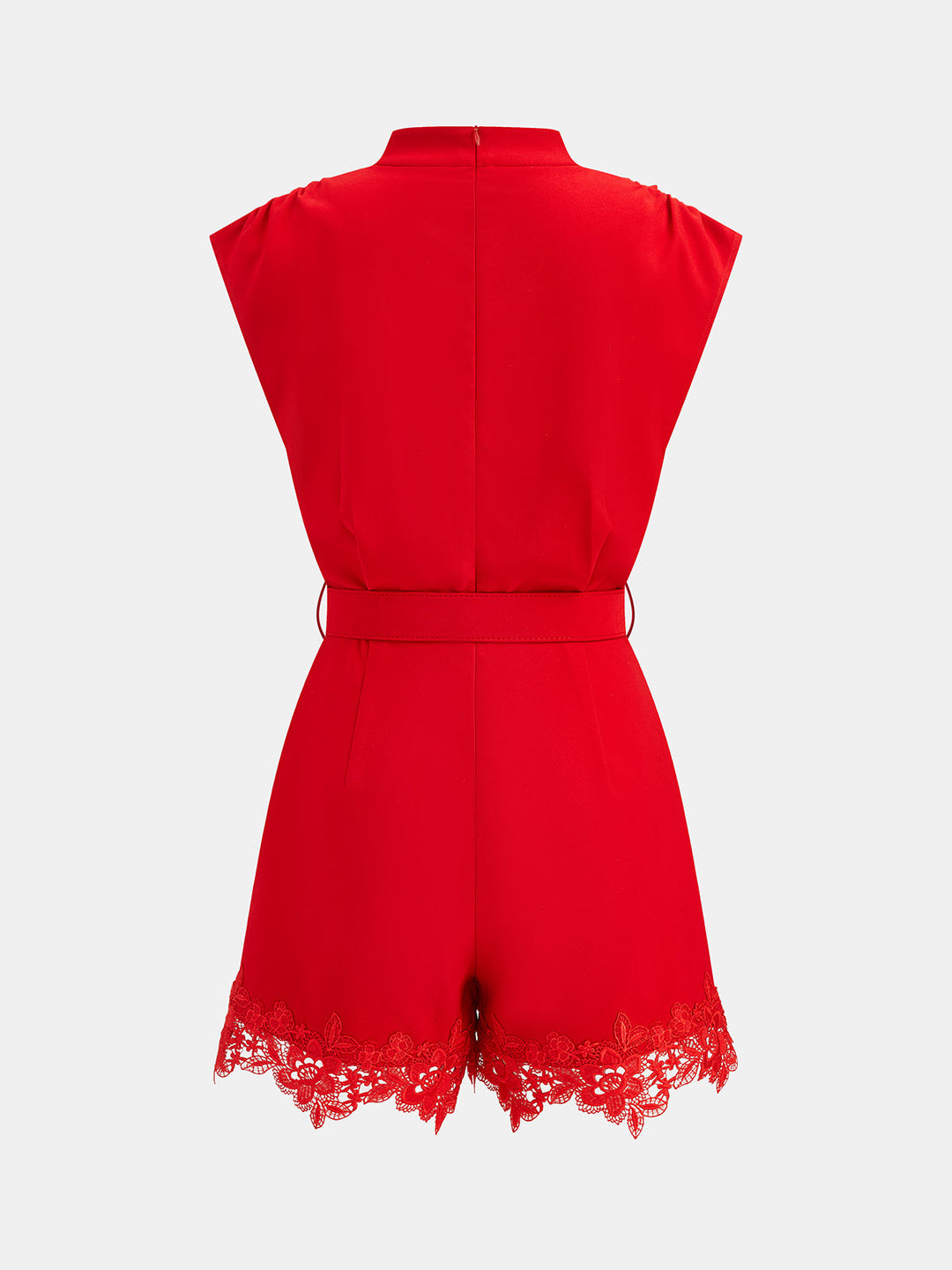 Belted Sleeveless Lace Hem Romper