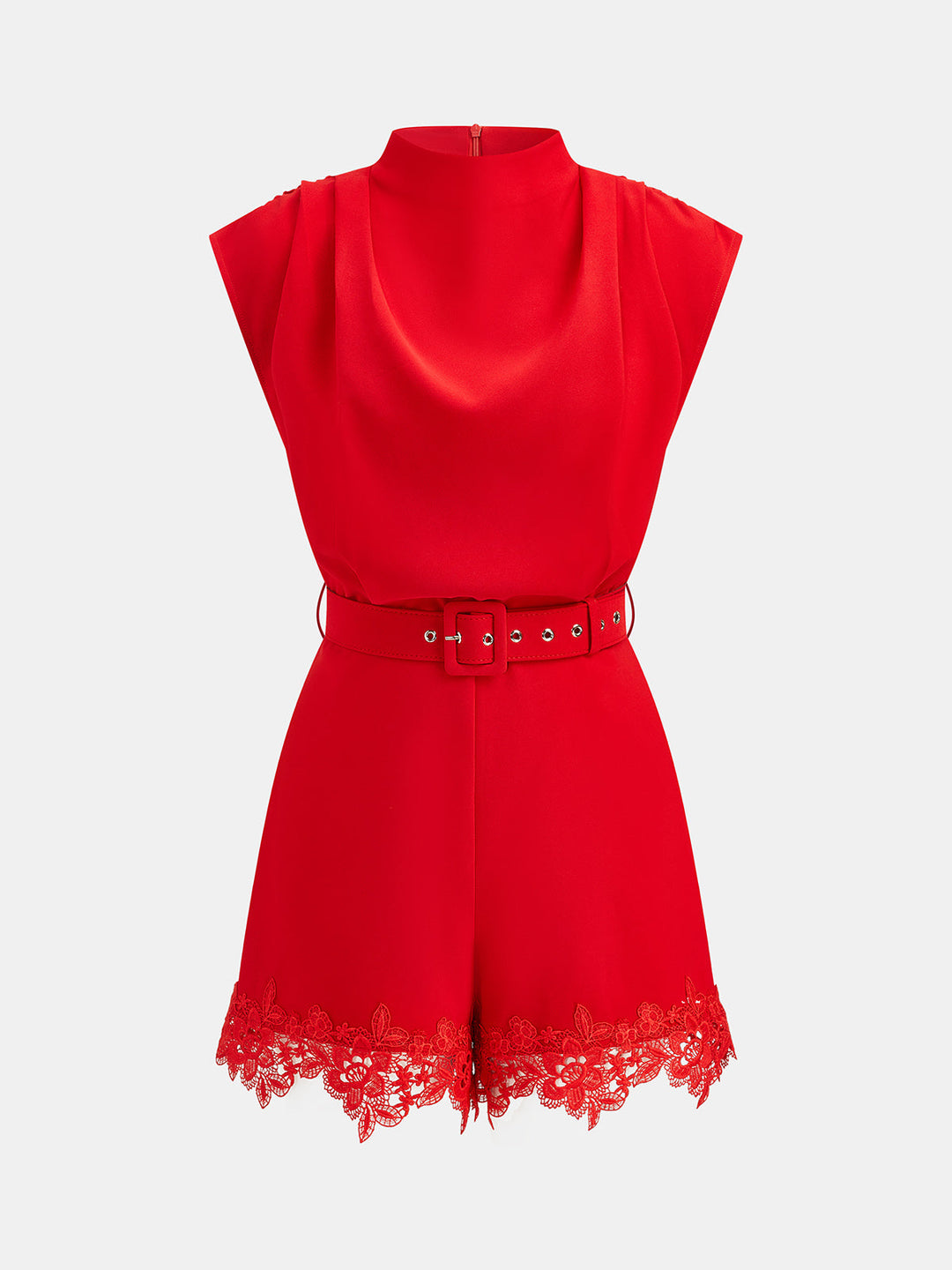 Belted Sleeveless Lace Hem Romper