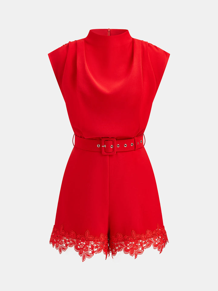 Belted Sleeveless Lace Hem Romper