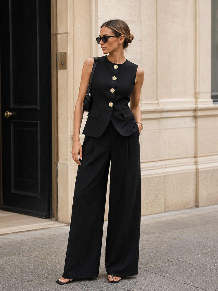 Flower Button Sleeveless Vest & Pants Set