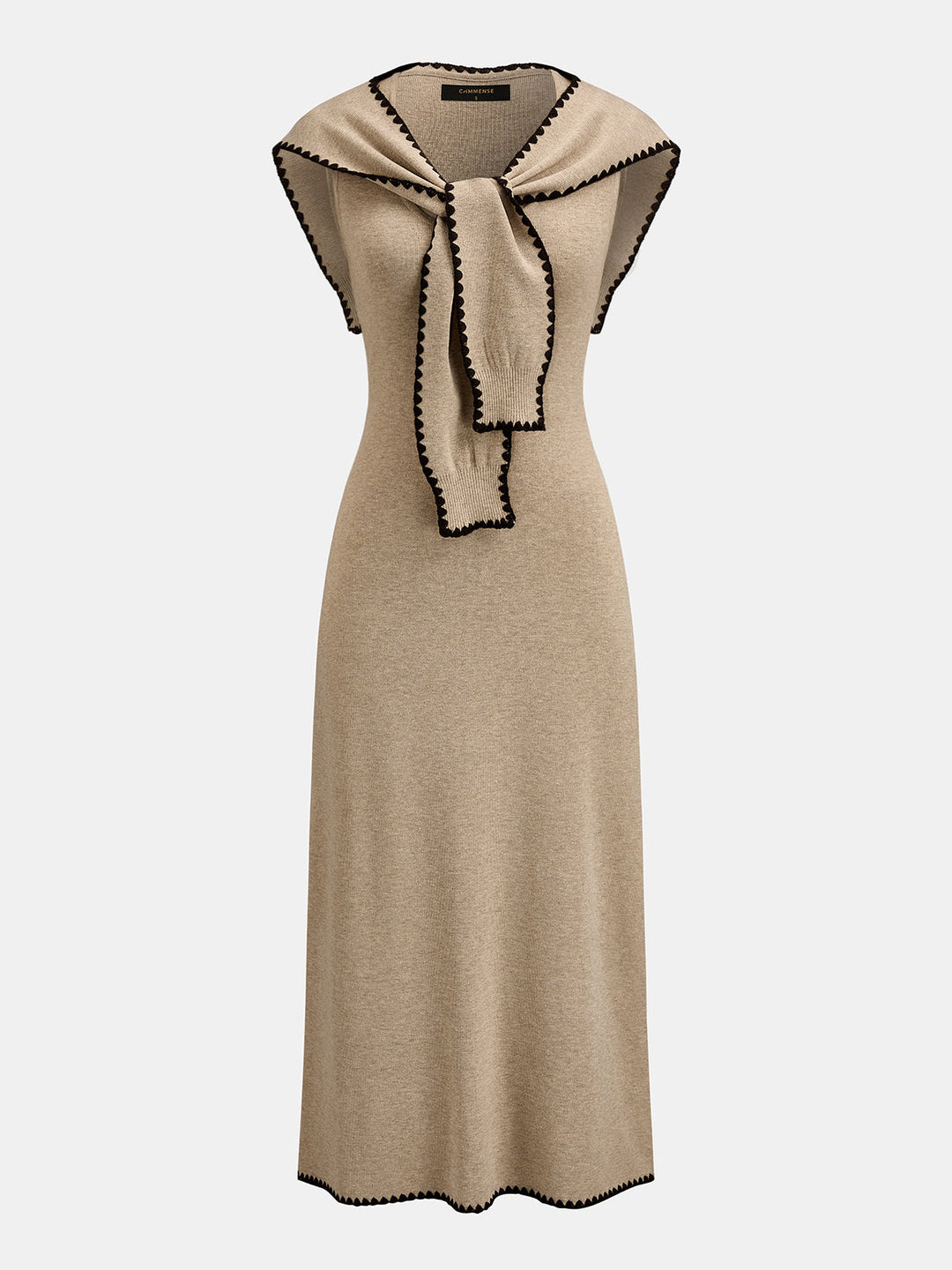 Tie Cape Contrast Trim Knit Midi Dress