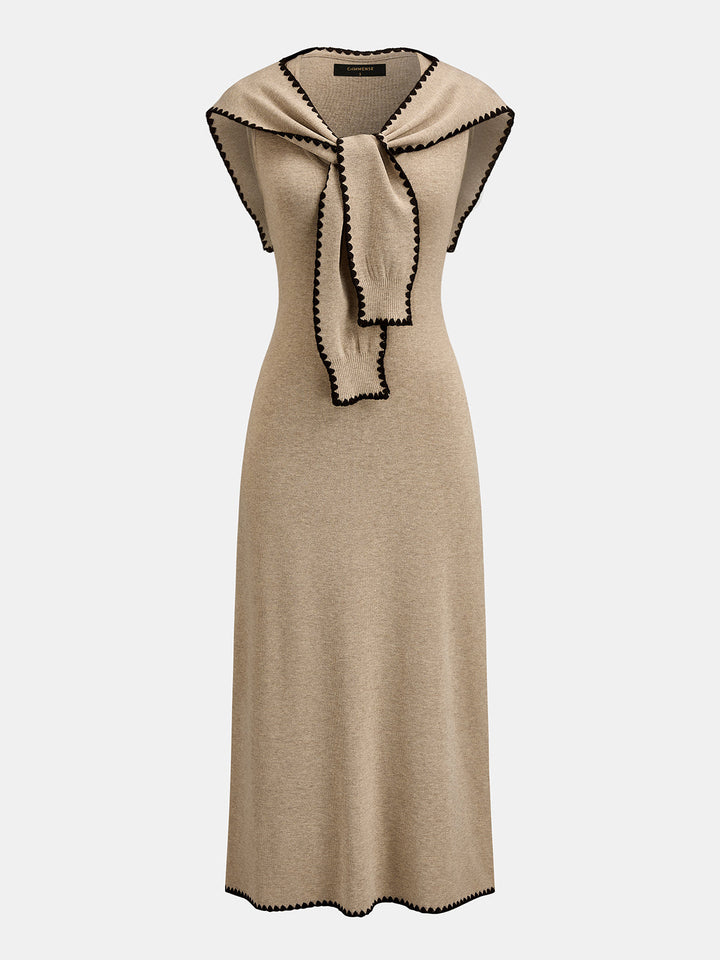 Tie Cape Contrast Trim Knit Midi Dress