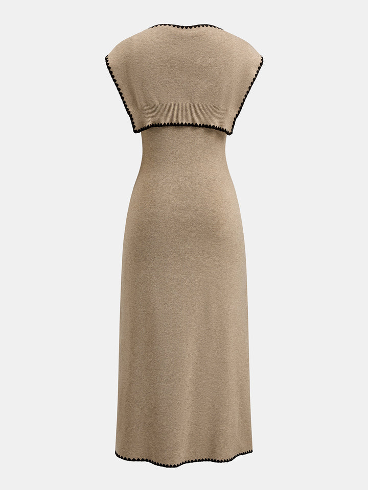 Tie Cape Contrast Trim Knit Midi Dress