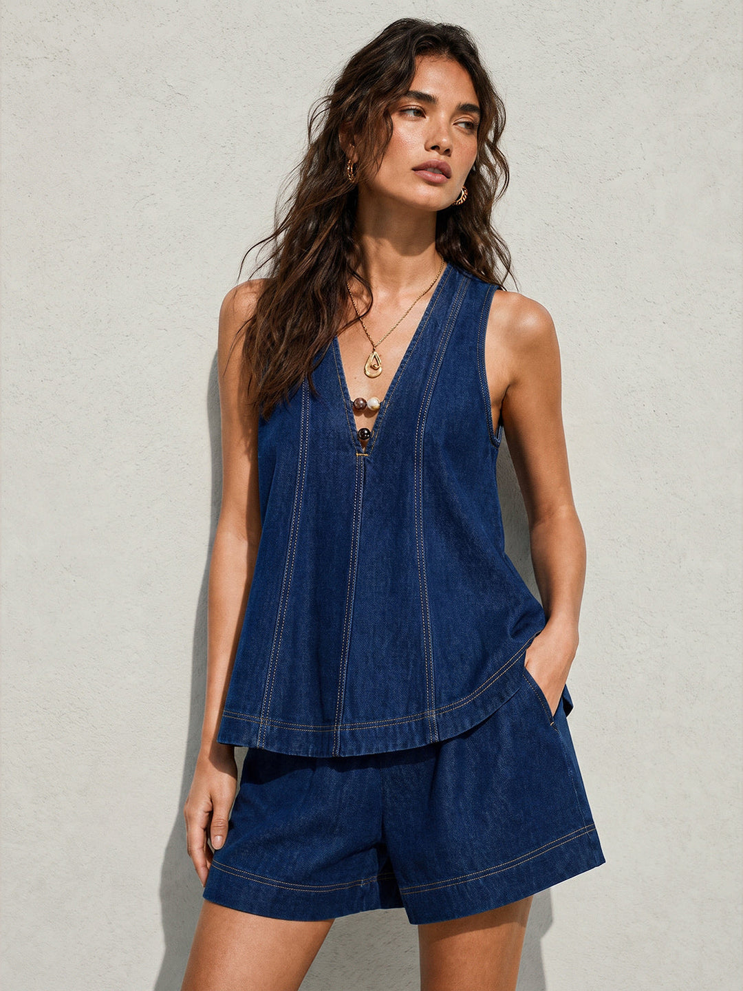 V Neck Beaded Denim Vest & Shorts Set
