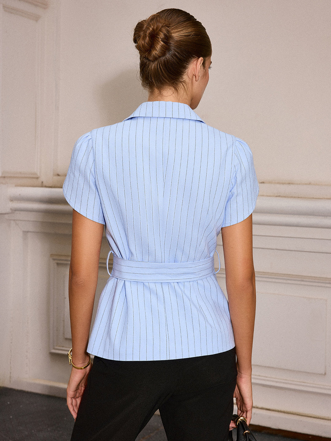 Linen Blend Pinstripe Tulip Sleeve Belted Vest