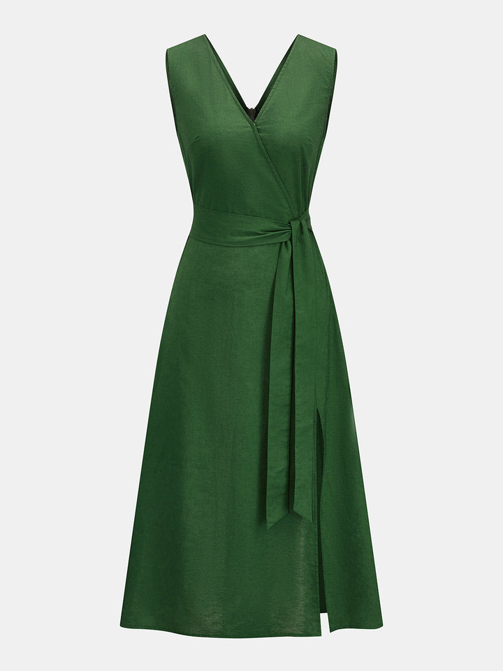 Wrap Tie Sleeveless Cotton Linen Midi Dress