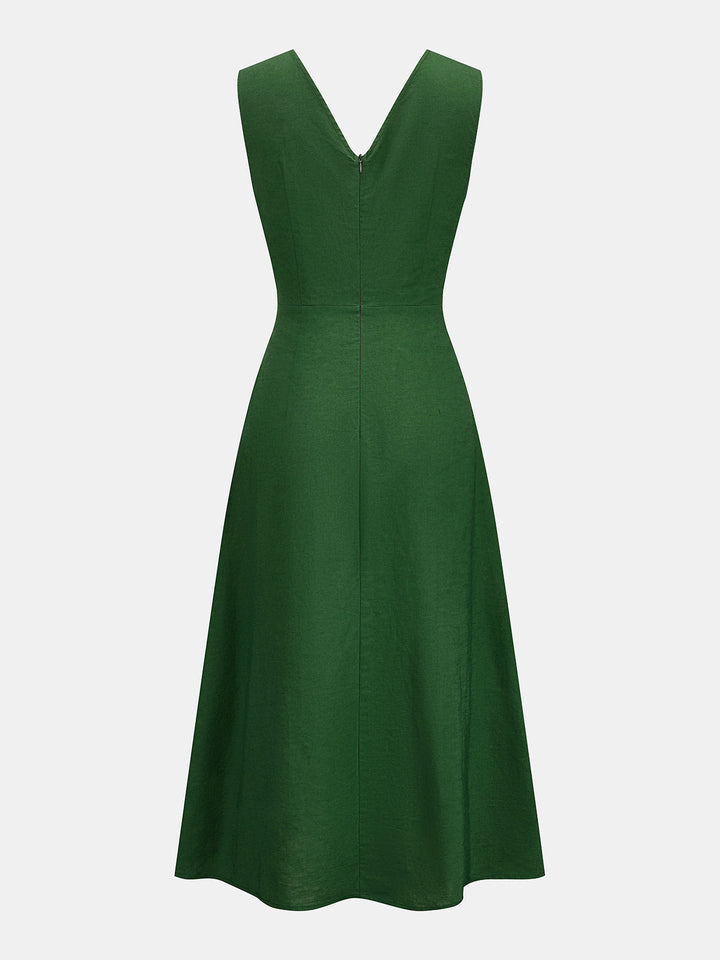Wrap Tie Sleeveless Cotton Linen Midi Dress