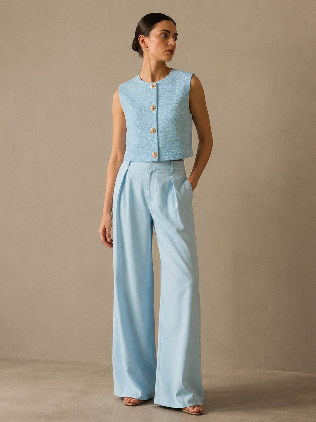Sleeveless Textured Vest & Pleated Pant Set