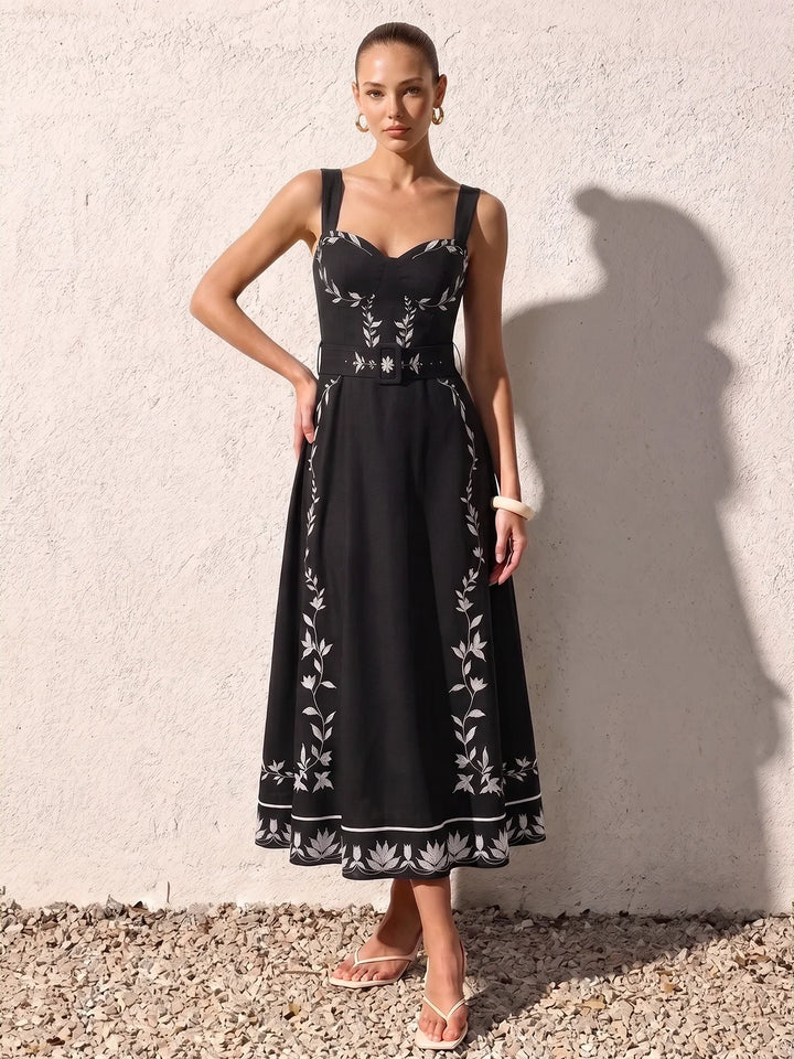 Botanical Print Belted Maxi Slip Dress