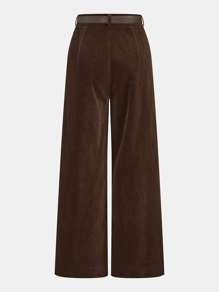 Belted Corduroy Pleated Wide Leg Pants