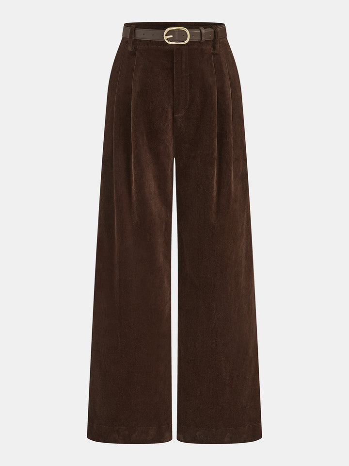 Belted Corduroy Pleated Wide Leg Pants