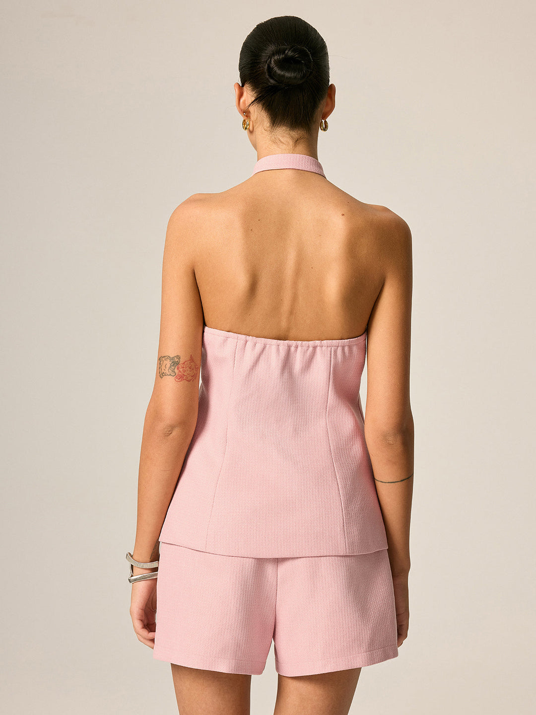 Frog Button Halter Textured Vest & Shorts Set
