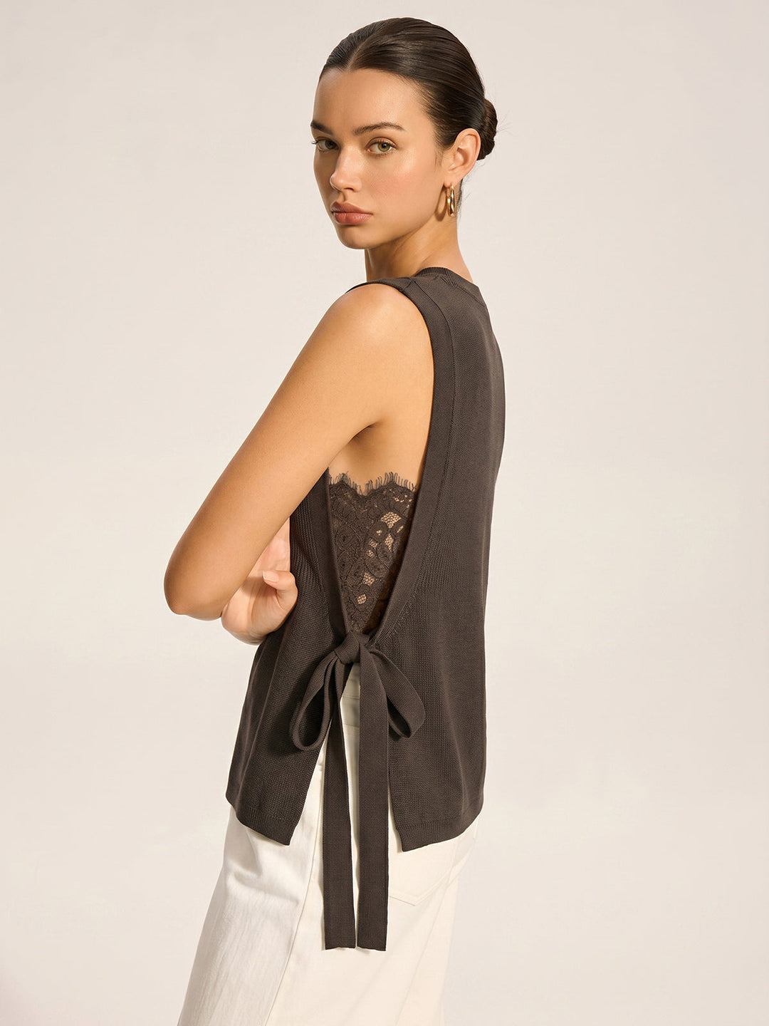 Side Tie Lace Panel Knit Sleeveless Vest