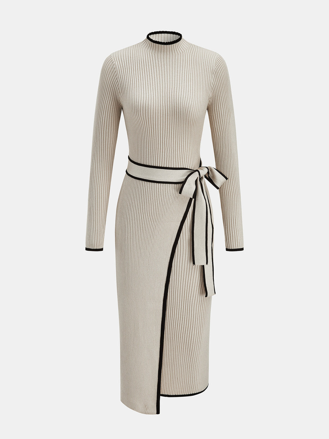 Contrast Trim Tie Waist Knit Midi Dress