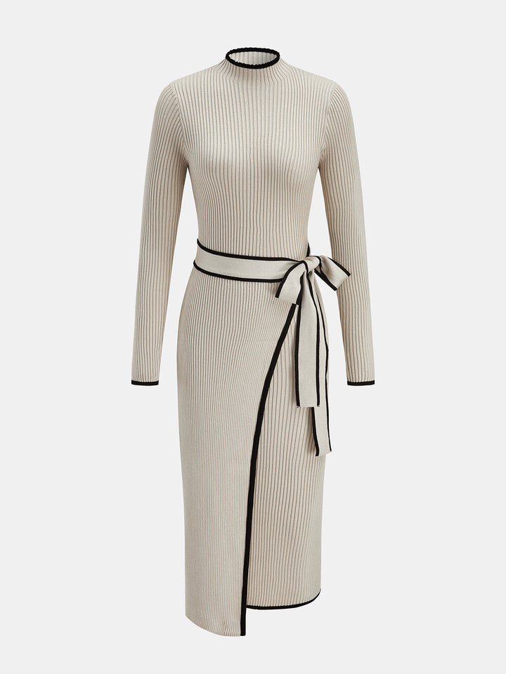 Contrast Trim Tie Waist Knit Midi Dress