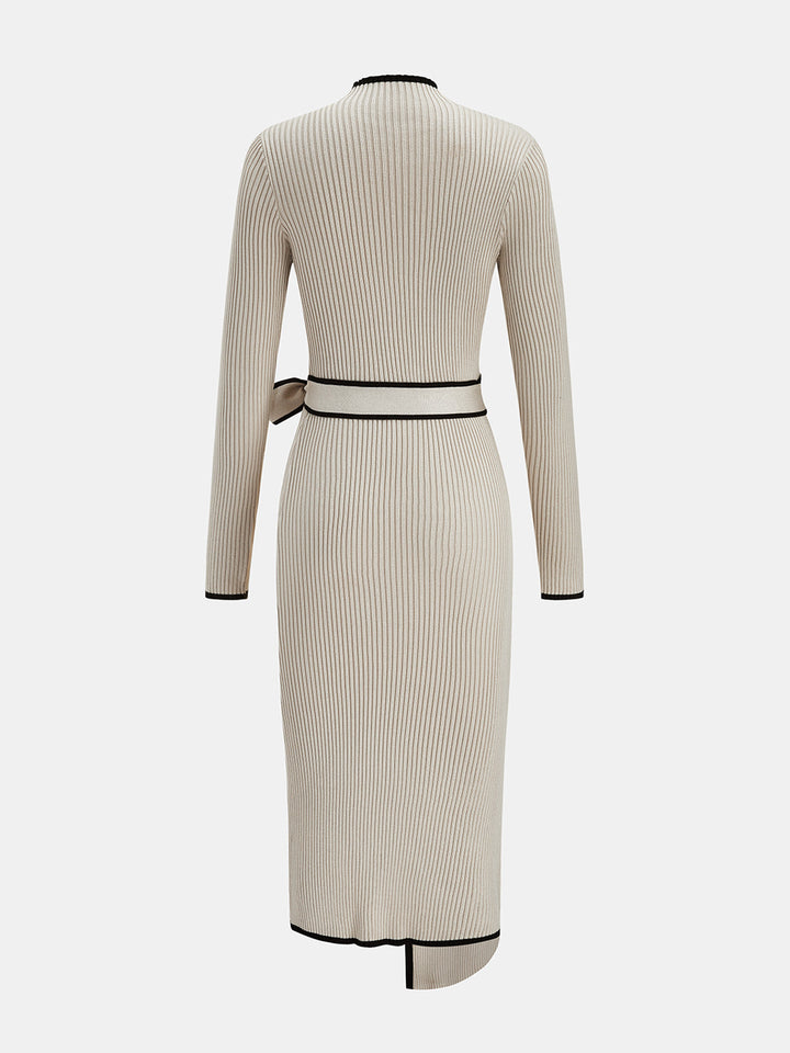 Contrast Trim Tie Waist Knit Midi Dress