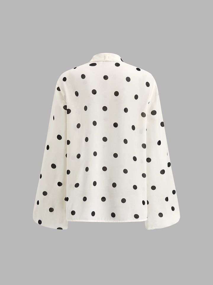 Bow Neck Polka Dot Lantern Sleeve Blouse