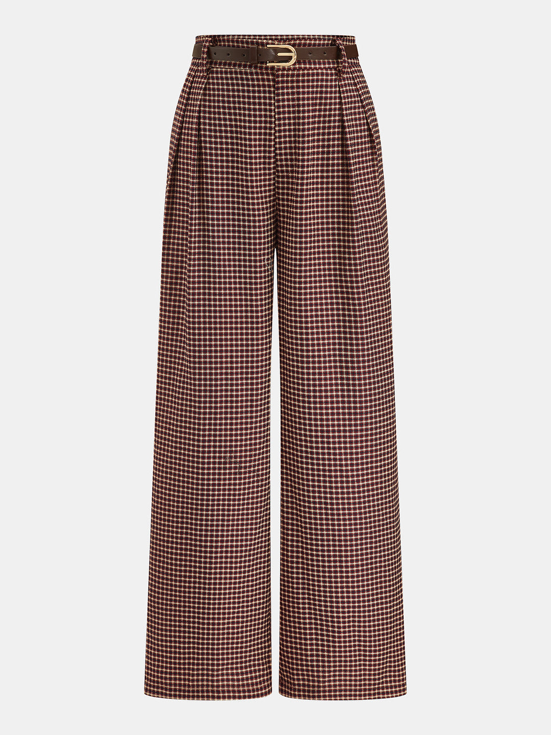 Belted Pleated Check Wide Leg Pants