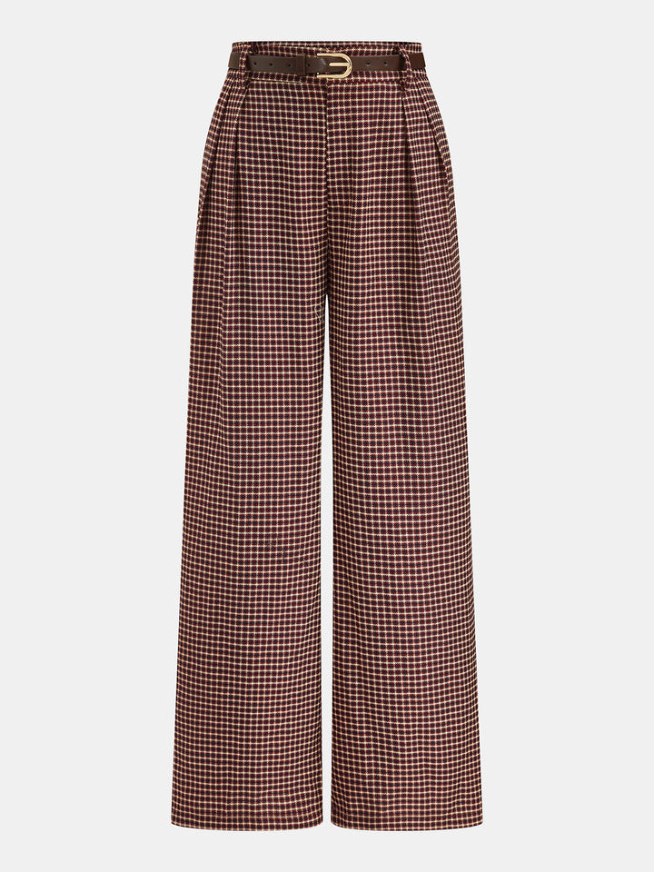 Belted Pleated Check Wide Leg Pants