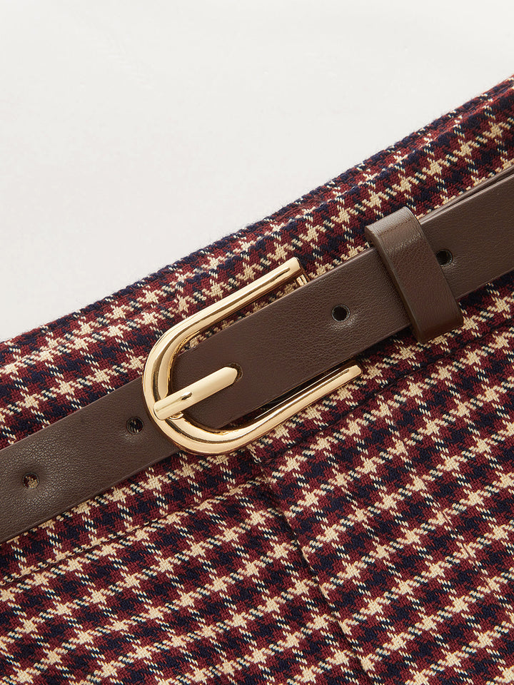 Belted Pleated Check Wide Leg Pants