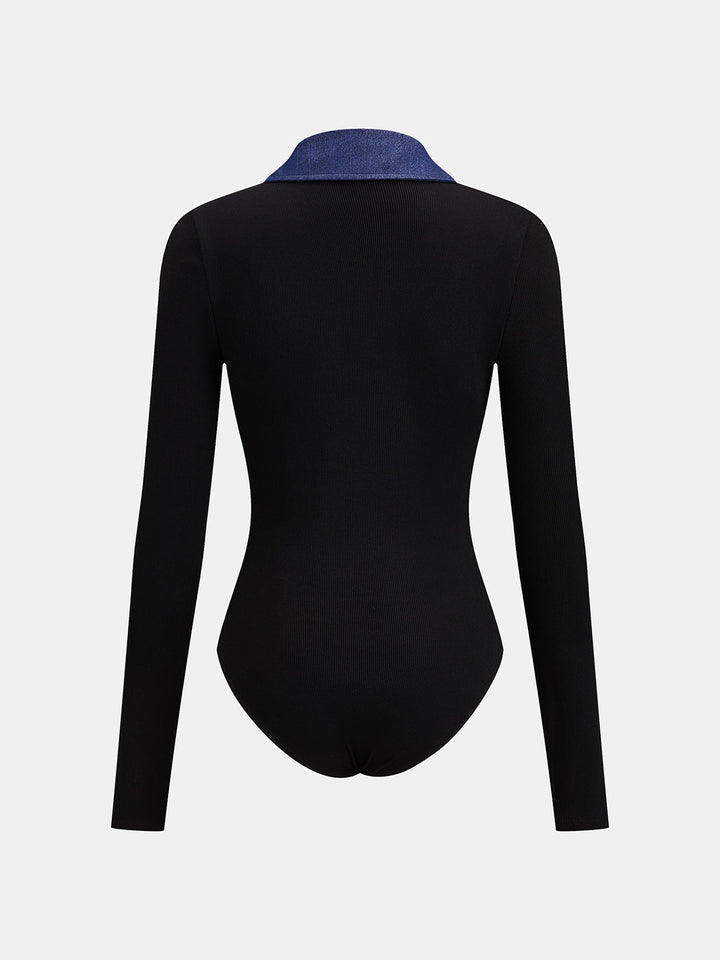 Denim Collar Ribbed Long‑Sleeve Bodysuit
