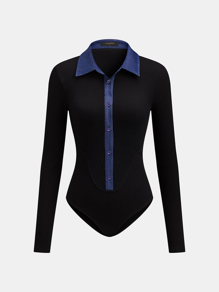 Denim Collar Ribbed Long‑Sleeve Bodysuit
