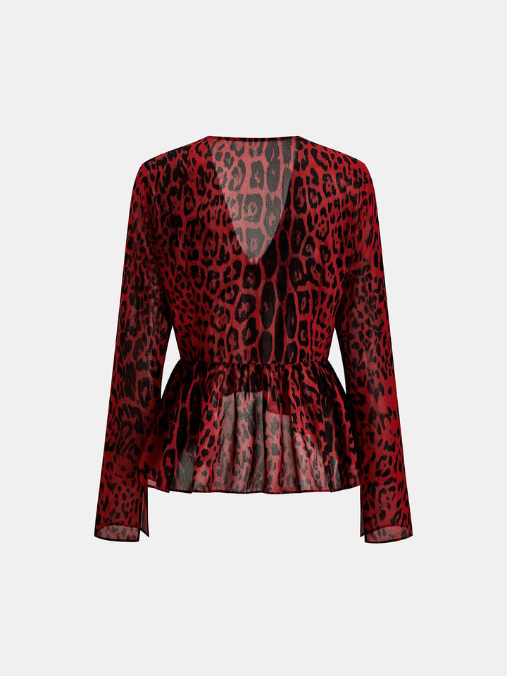 Leopard Print Peplum Long Sleeve Blouse
