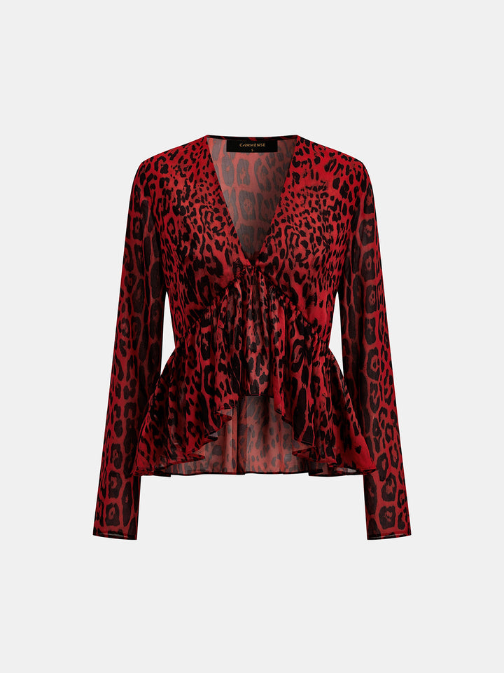 Leopard Print Peplum Long Sleeve Blouse