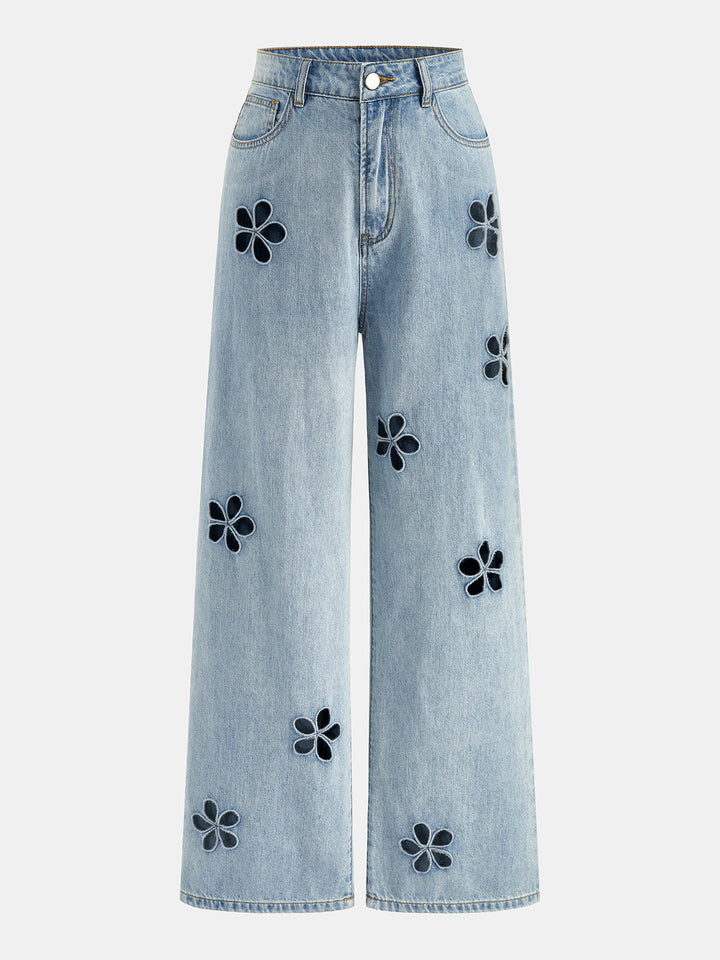 Floral Cut‑Out Wide Leg Jeans