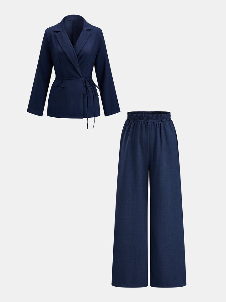 Tie‑Waist Wrap Blazer & Elastic Waist Pants Set