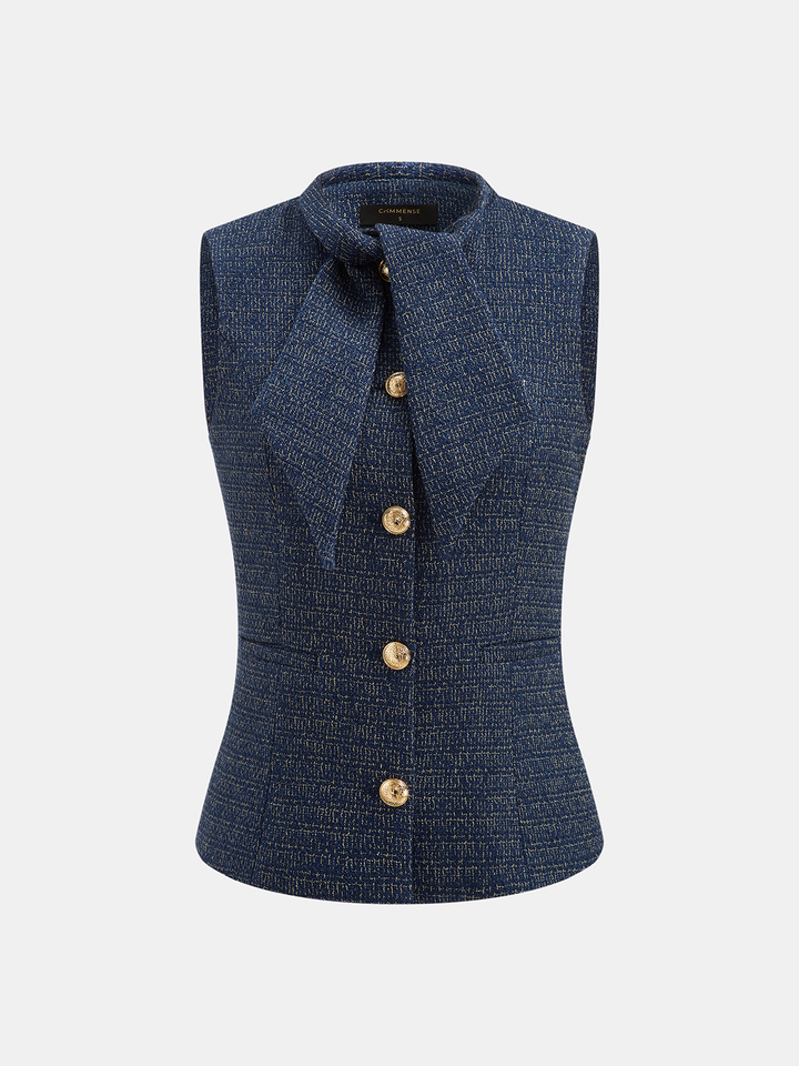 Bow Neck Tweed Vest Straight Leg Pants Set