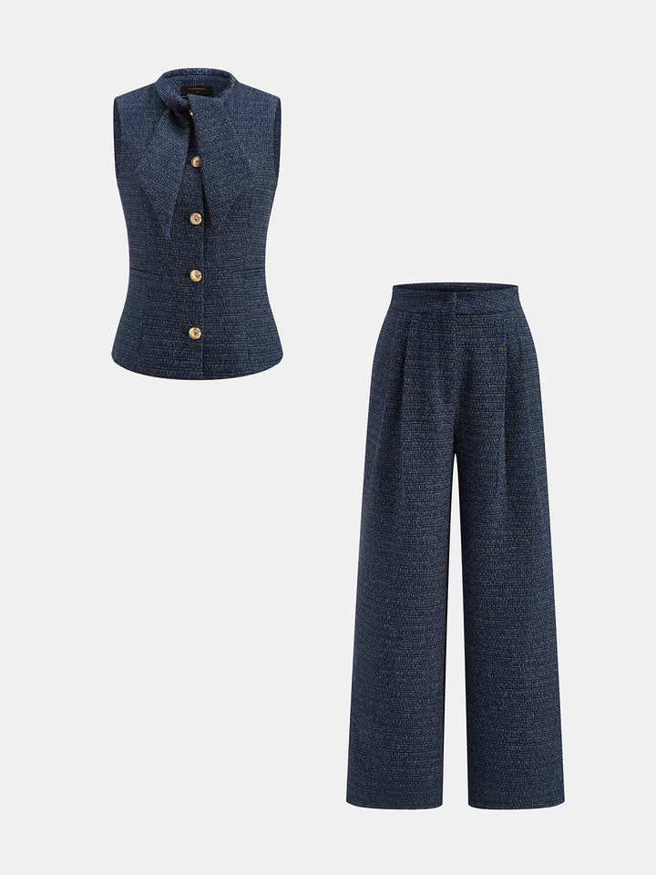Bow Neck Tweed Vest Straight Leg Pants Set