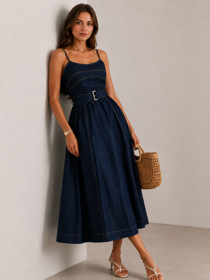 Belted A-Line Denim Cami Midi Dress