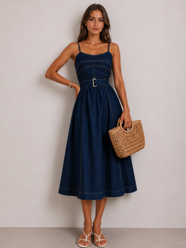 Belted A-Line Denim Cami Midi Dress