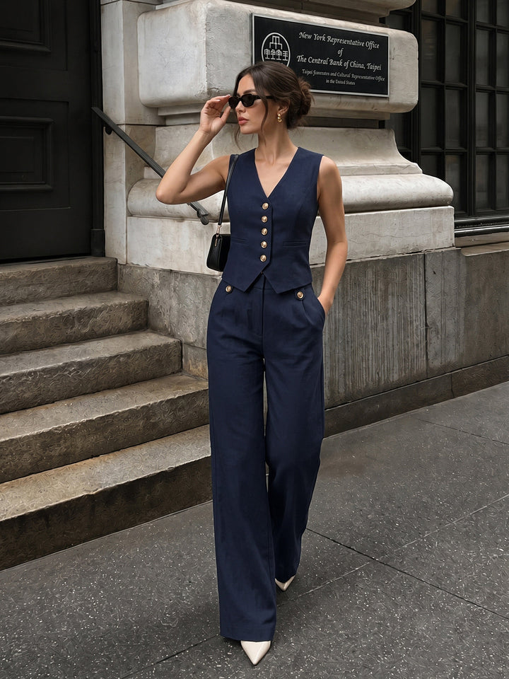 V-neck button-front cropped fitted vest and wide-leg trousers set
