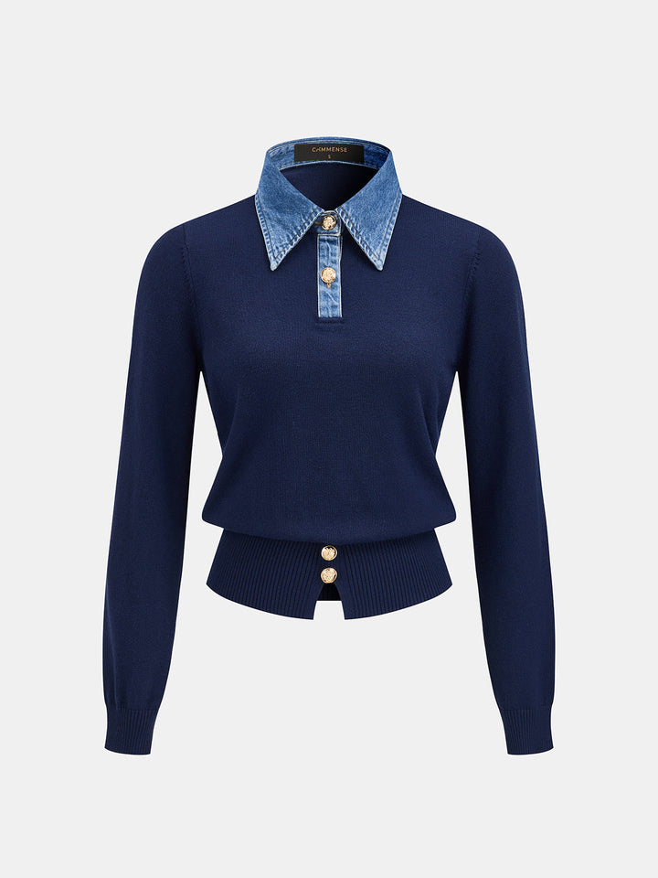 Denim Collar Knit Polo Top