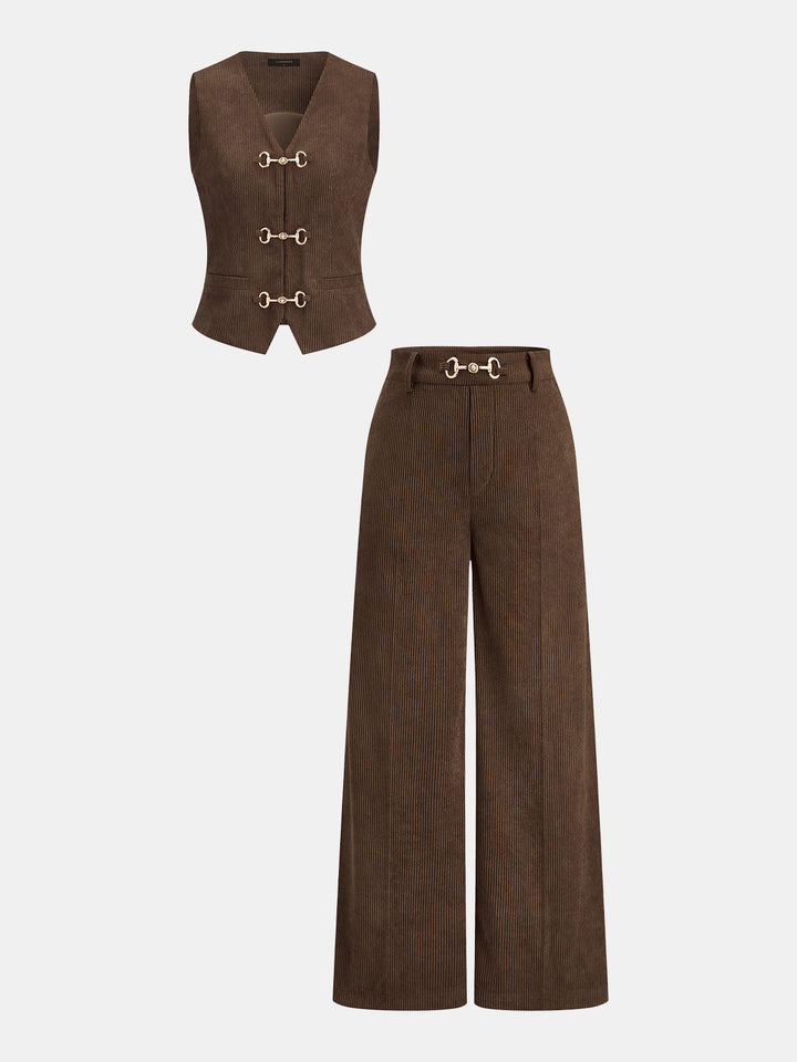 Horsebit Detail Corduroy Two‑Piece Pants Set