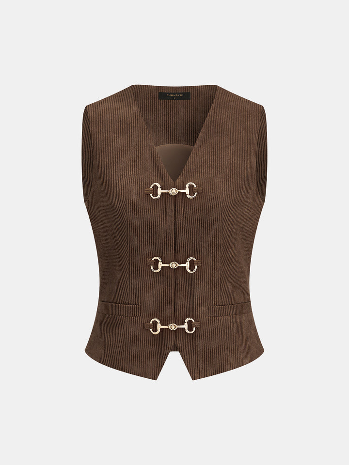 Horsebit Detail Corduroy Two‑Piece Pants Set