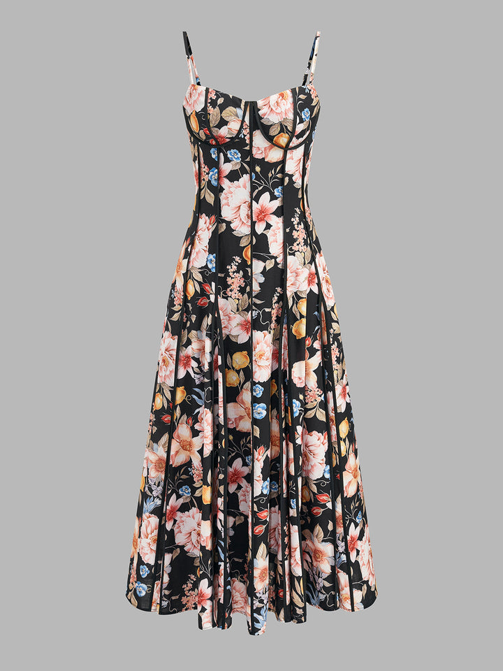 Corset Seam Tropical Print Swing Dress